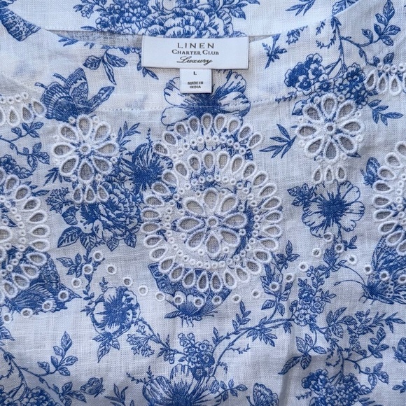 Charter club 100% linen floral embroidered women’s shirt sz Large white/blue - Picture 4 of 10